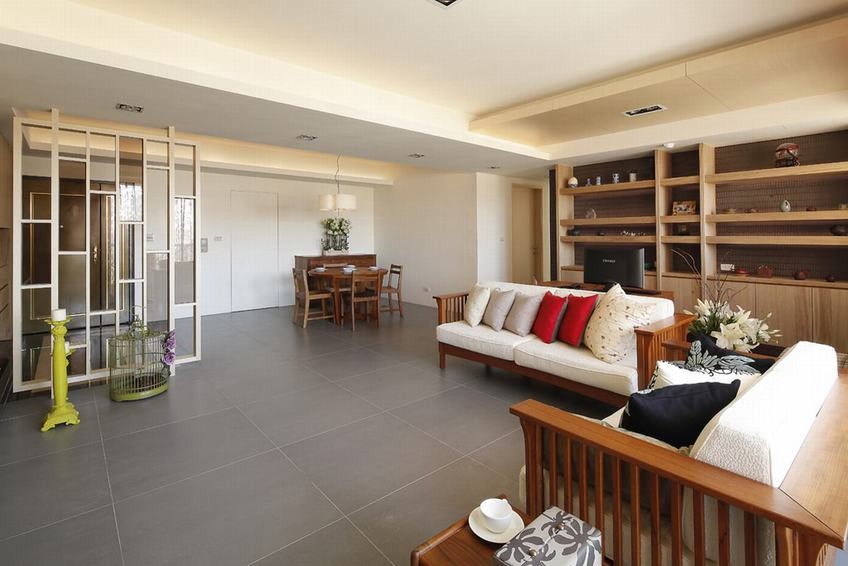 实木简中式风格80平米一居室客厅吊顶装修效果图