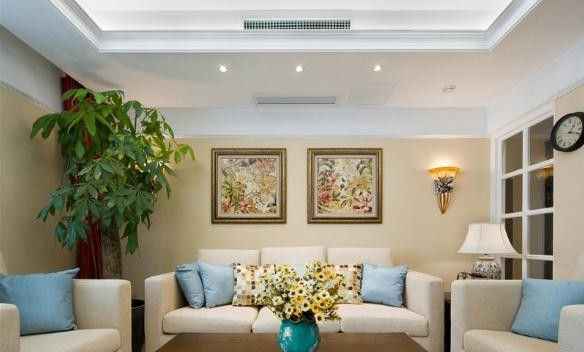 优雅淡黄美式风格140平米四居室客厅背景墙装修效果图