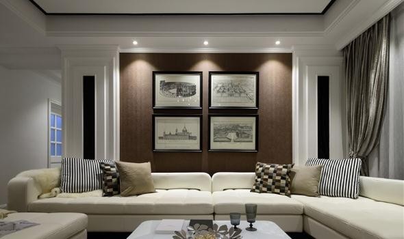 黑白时尚美式风格80平米一居室客厅背景墙装修效果图