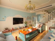 蓝色唯美的地中海风格150平米别墅客厅装修效果图