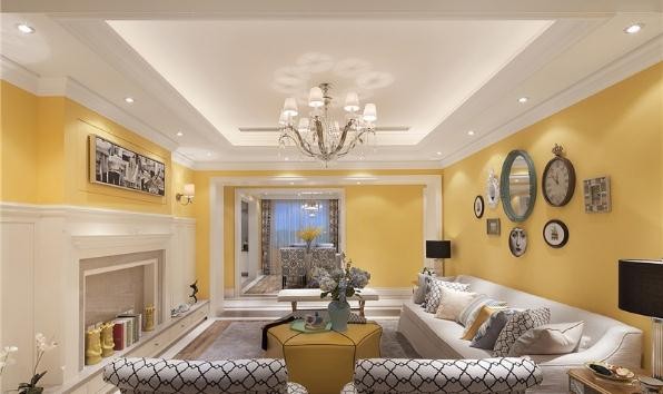 动感十足的美式风格80平米一居室客厅吊顶装修效果图