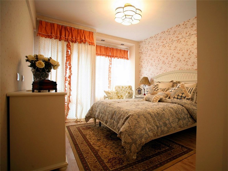 浪漫碎花田园风格120平米三居室卧室窗帘装修效果图
