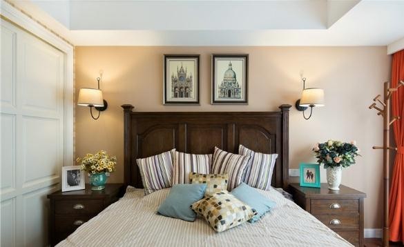 优雅淡黄美式风格140平米四居室卧室背景墙装修效果图