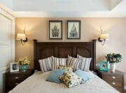 优雅淡黄美式风格140平米四居室卧室背景墙装修效果图