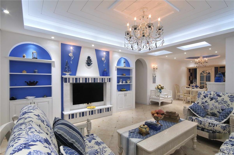 蓝白色的地中海风格140平米三居室客厅装修效果图