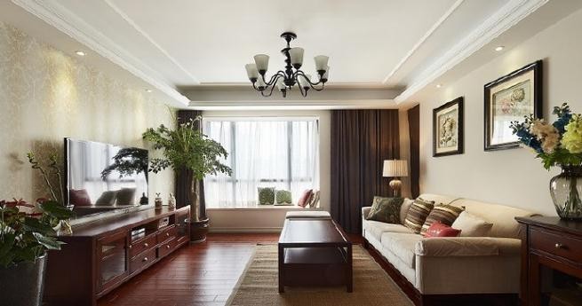 温暖简洁美式风格90平米二居室客厅吊顶装修效果图