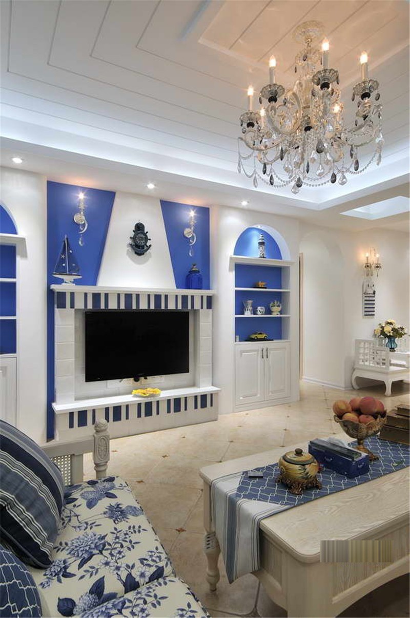蓝白色的地中海风格140平米三居室客厅吊顶装修效果图