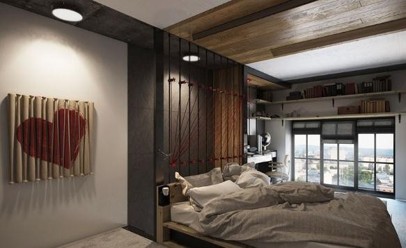 日式迷你50平米复式loft卧室背景墙装修效果图