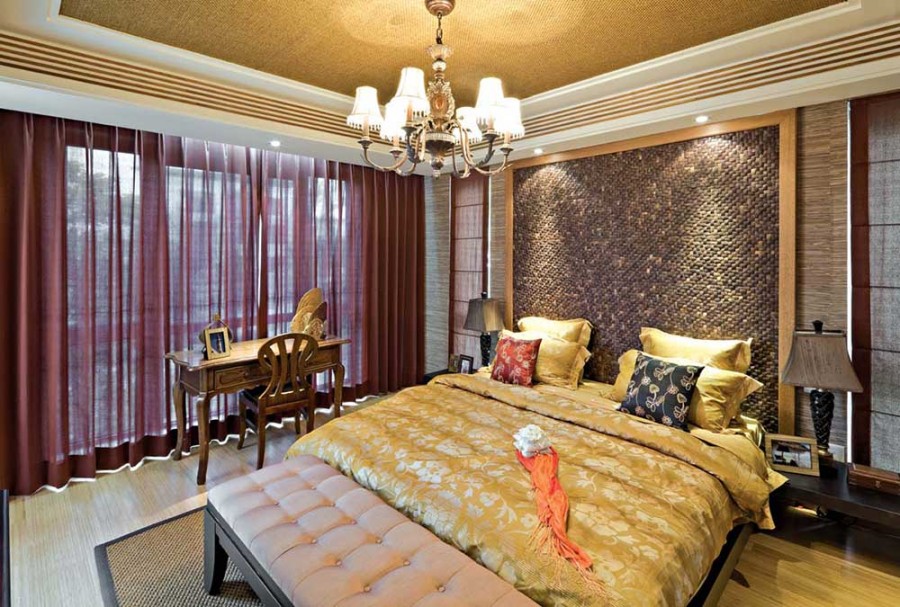 华丽大气中式风格140平米三居室卧室窗帘装修效果图