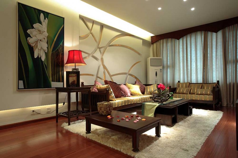 雅致自然中式风格100平米二居室客厅背景墙装修效果图