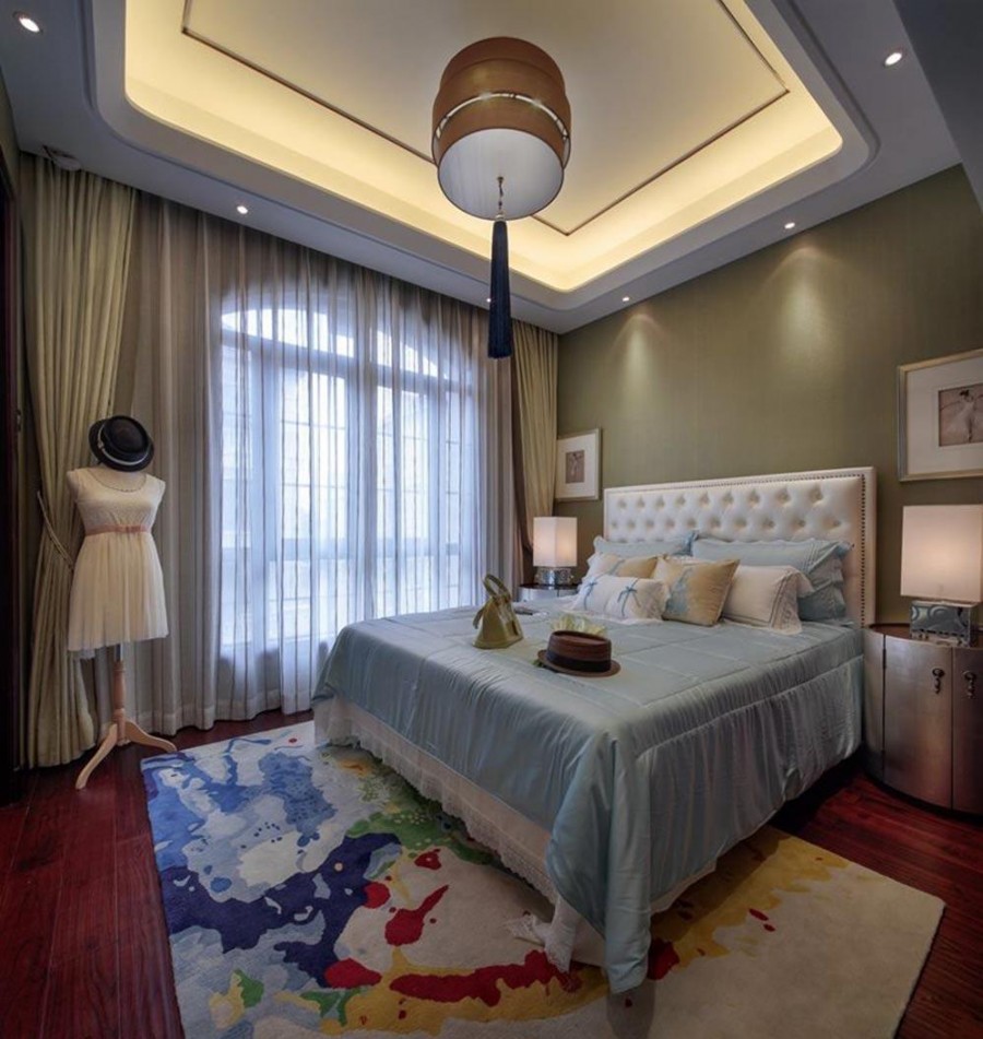 时尚现代中式风格100平米三居室卧室吊顶装修效果图