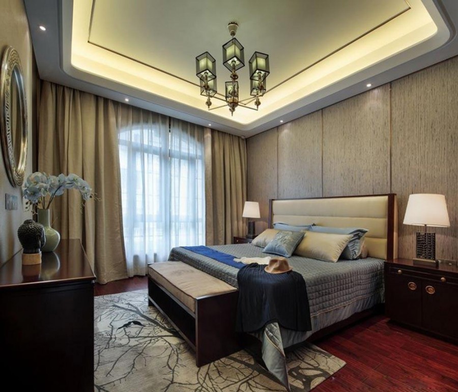 时尚现代中式风格100平米三居室卧室窗帘装修效果图