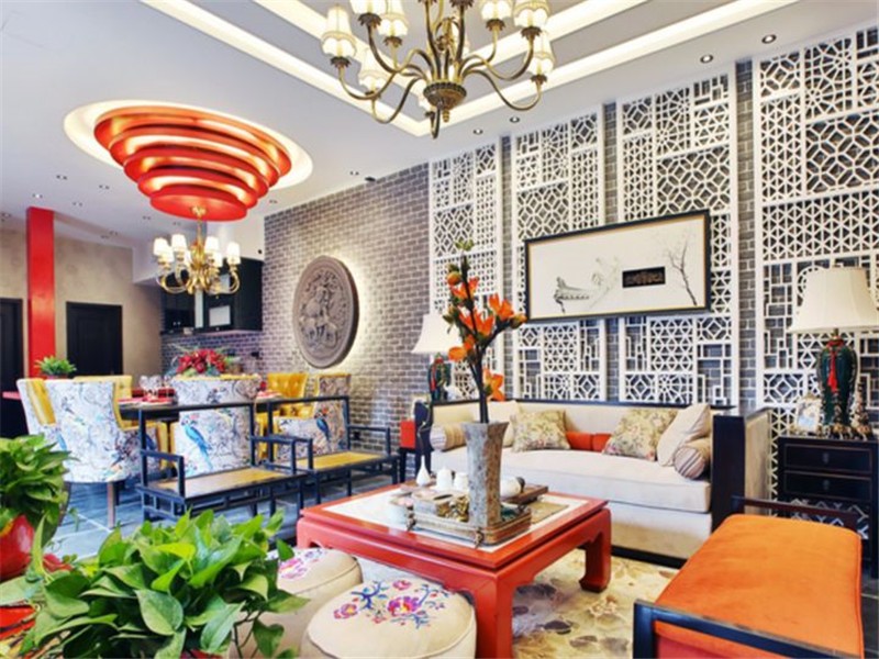 精美古典的东南亚风格一居室客厅镂空背景墙装修效果图